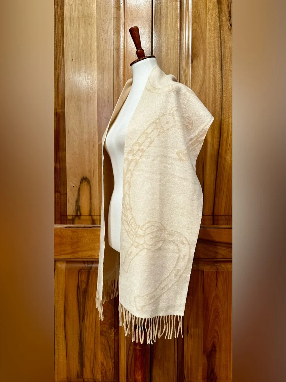 Ralph Lauren Pure Wool, Cream & Camel Fringed Equestrian Belting-Motif Scarf EUC
